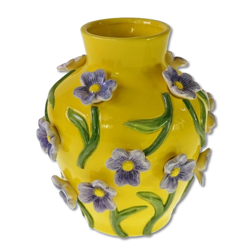 Gelbe Vase mit Blumendekor, Höhe 26cm